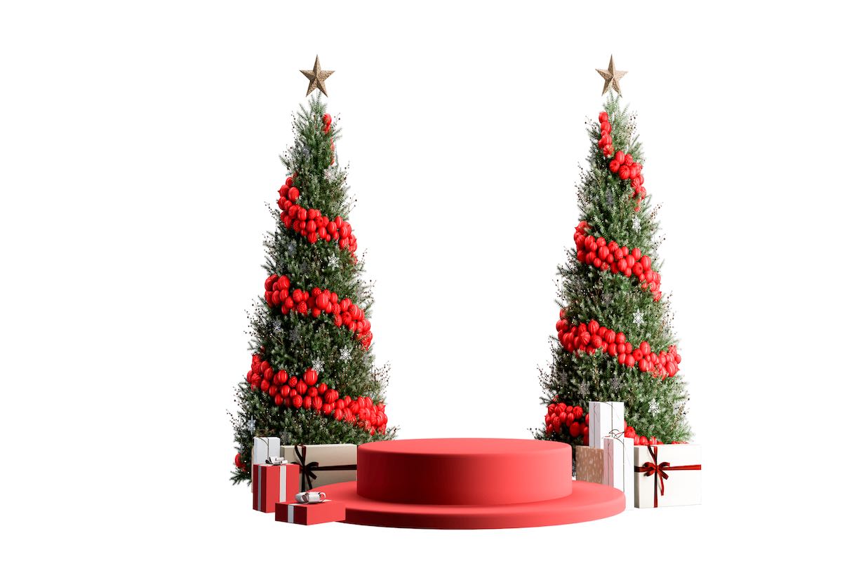 Red decorated slim Christmas trees.